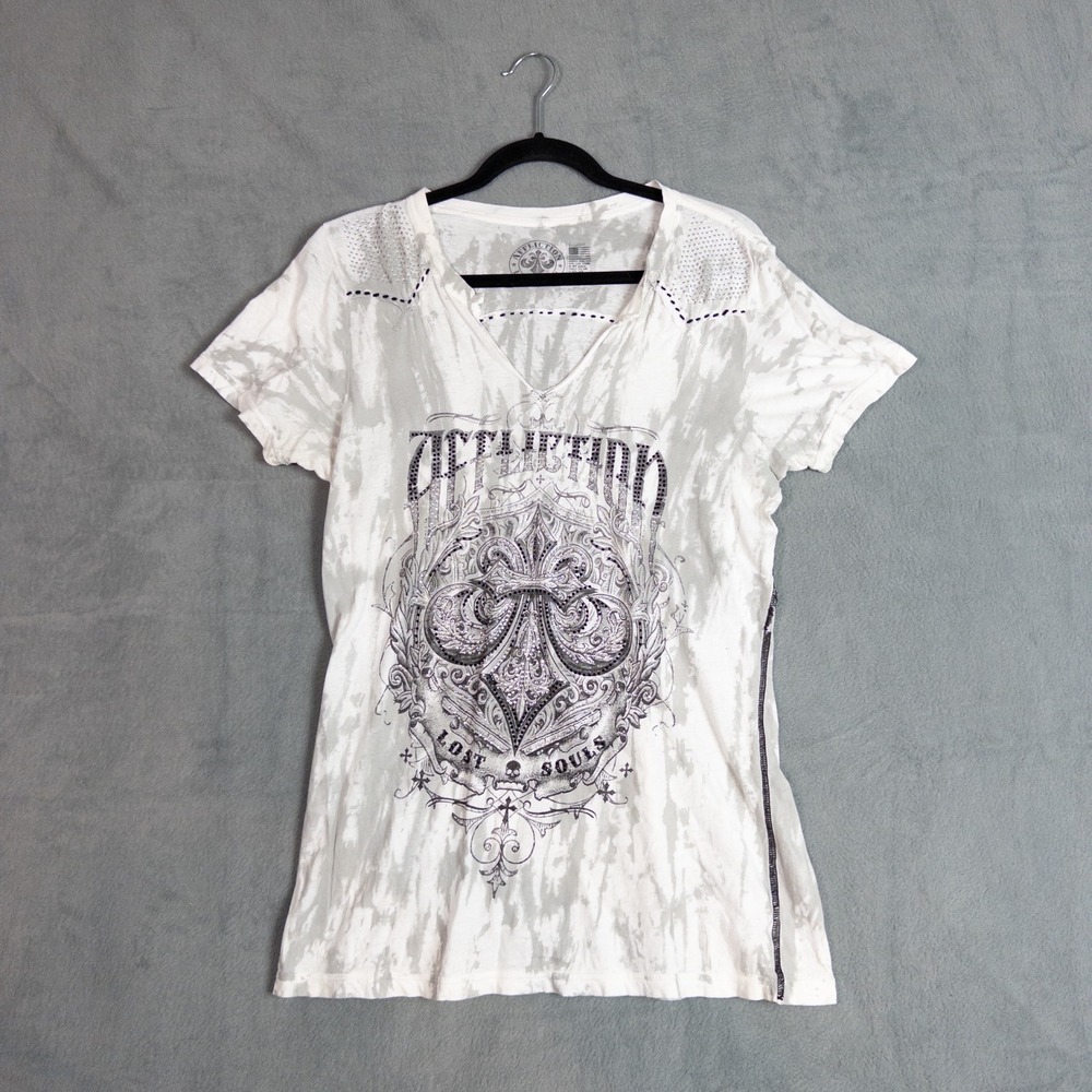 Affliction Graphic T-Shirt Women XL White Grey Lost Souls Rhinestone